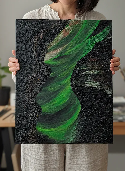 Emerald Flow textured acrylic painting with flowing green forms against dark textured background