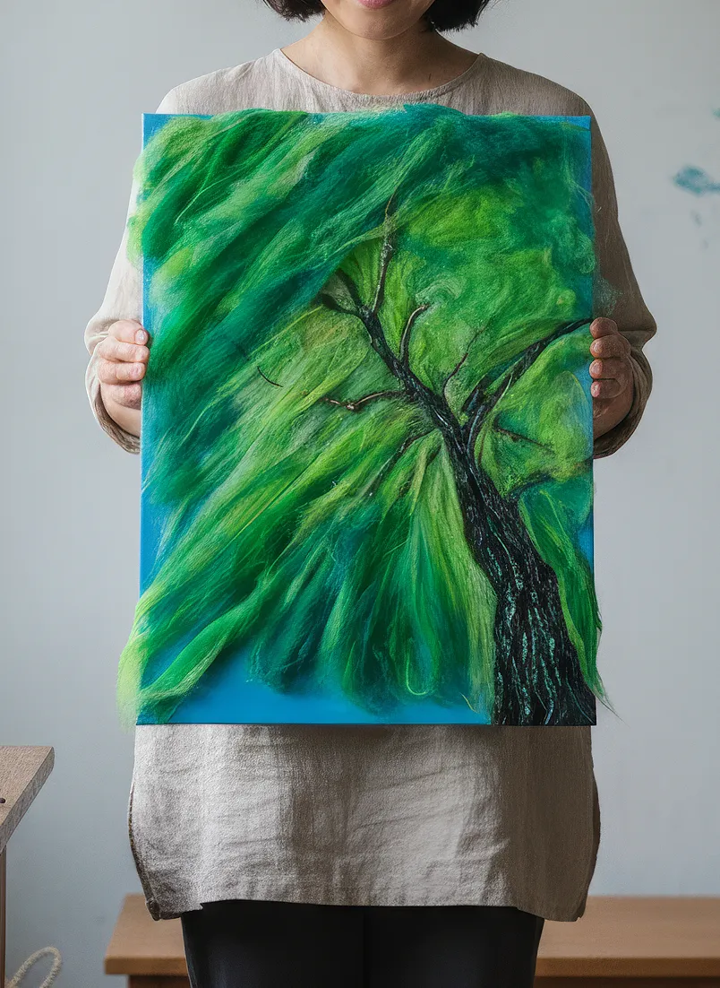 Green Whisper mixed media painting with hand-applied green cotton fibers creating tactile texture of spring leaves