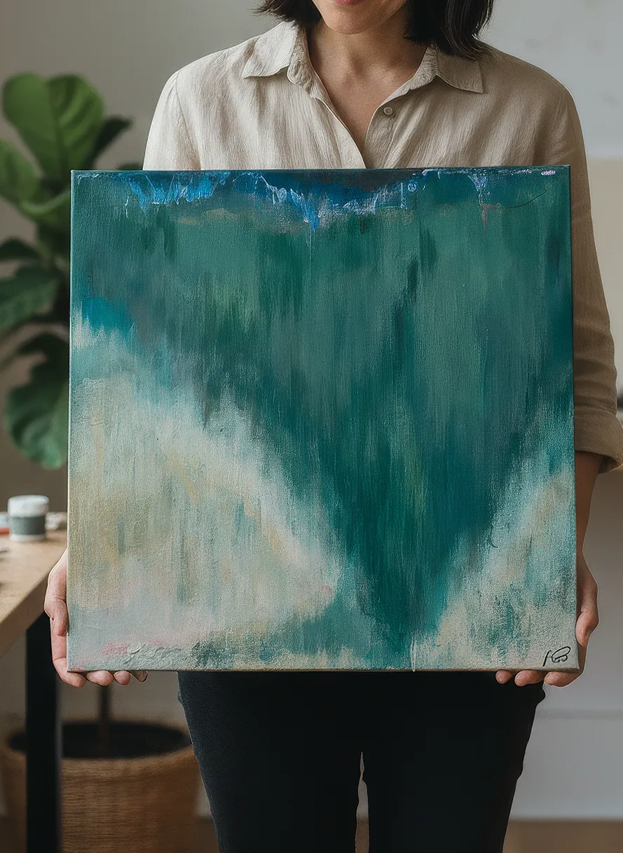 Spring Shore acrylic painting showing soft greens and blues of coastal spring renewal along White Rock shoreline