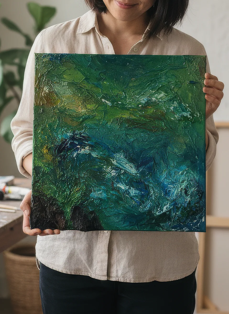 Summer Tide textured acrylic painting showing blues and greens of ocean water with sunlight reflections