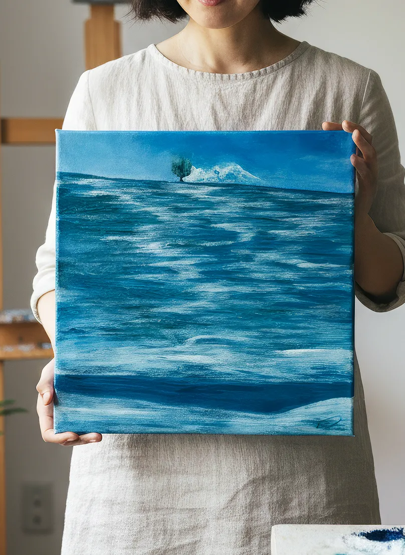 View Toward Baker acrylic painting showing ocean view from White Rock with Mount Baker on the horizon