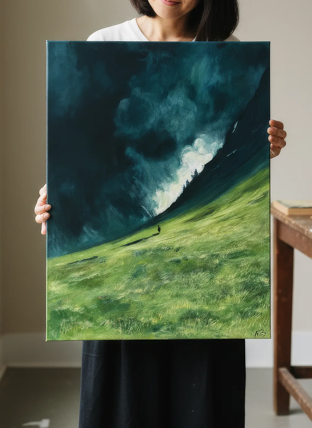 Meadow Under Storm acrylic painting showing a lone figure in a vast green meadow under stormy skies
