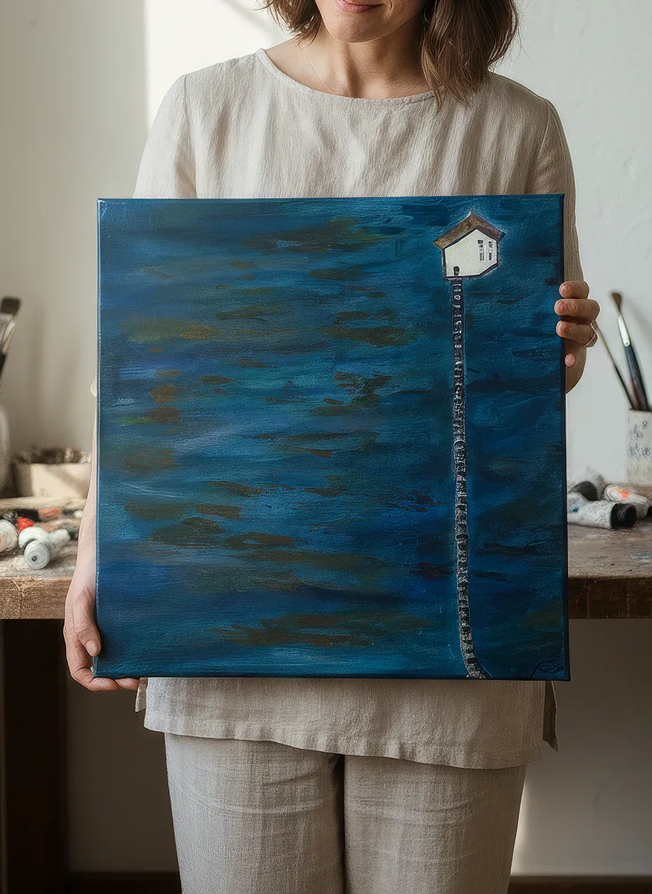 Night Farmhouse acrylic painting showing a farmhouse at dusk with deep blue sky and warm light