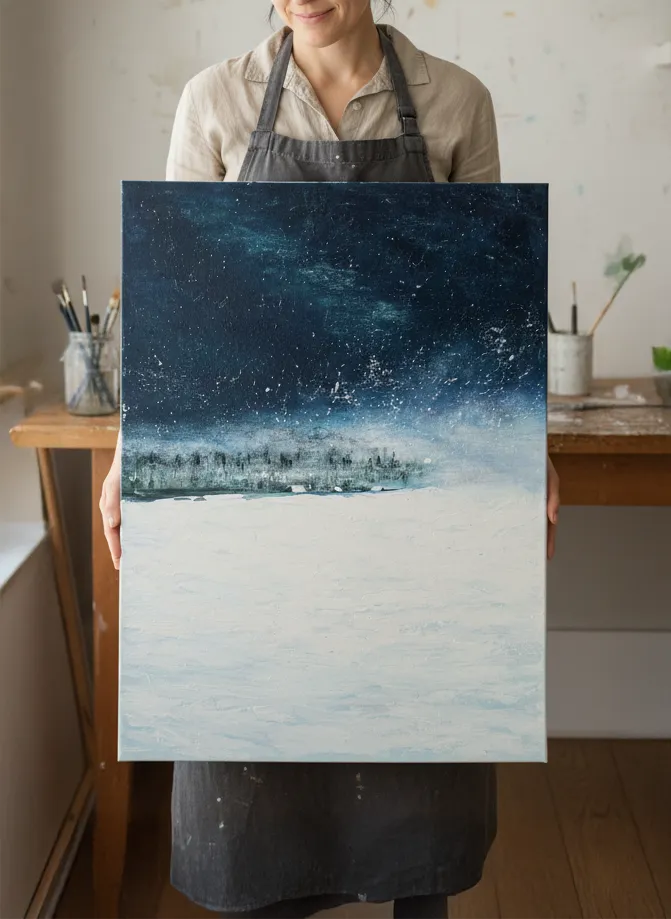 Laronde in Winter Light acrylic painting showing a snowy winter landscape with trees and soft blue shadows