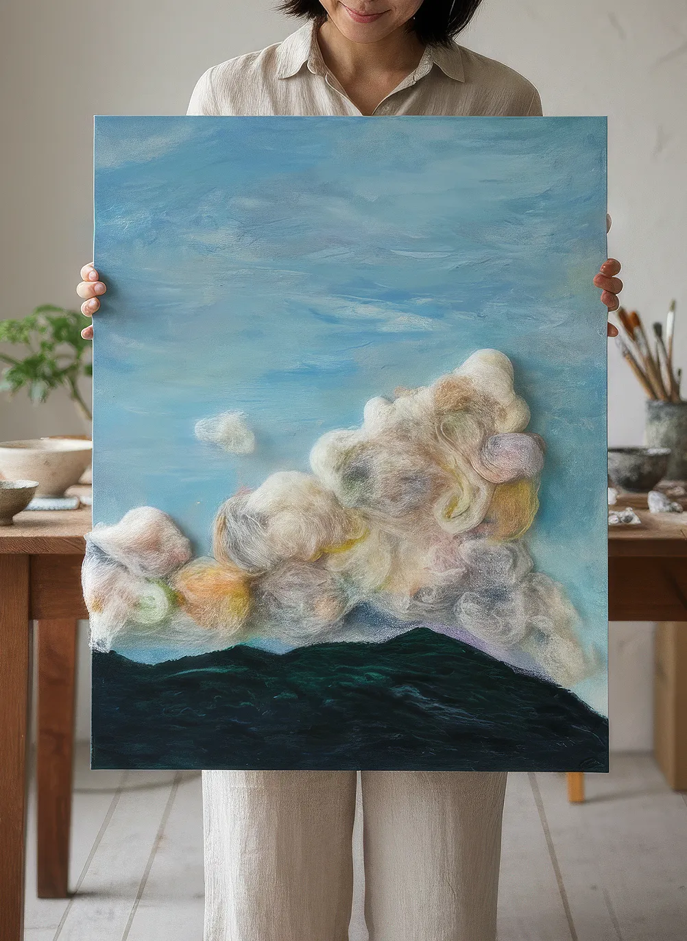 Cotton Cloud mixed media painting with hand-applied cotton fibers creating tactile cloud formations