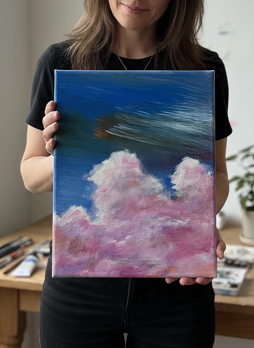 Pink Cloud acrylic painting showing evening sky with soft pink and violet clouds above White Rock shoreline