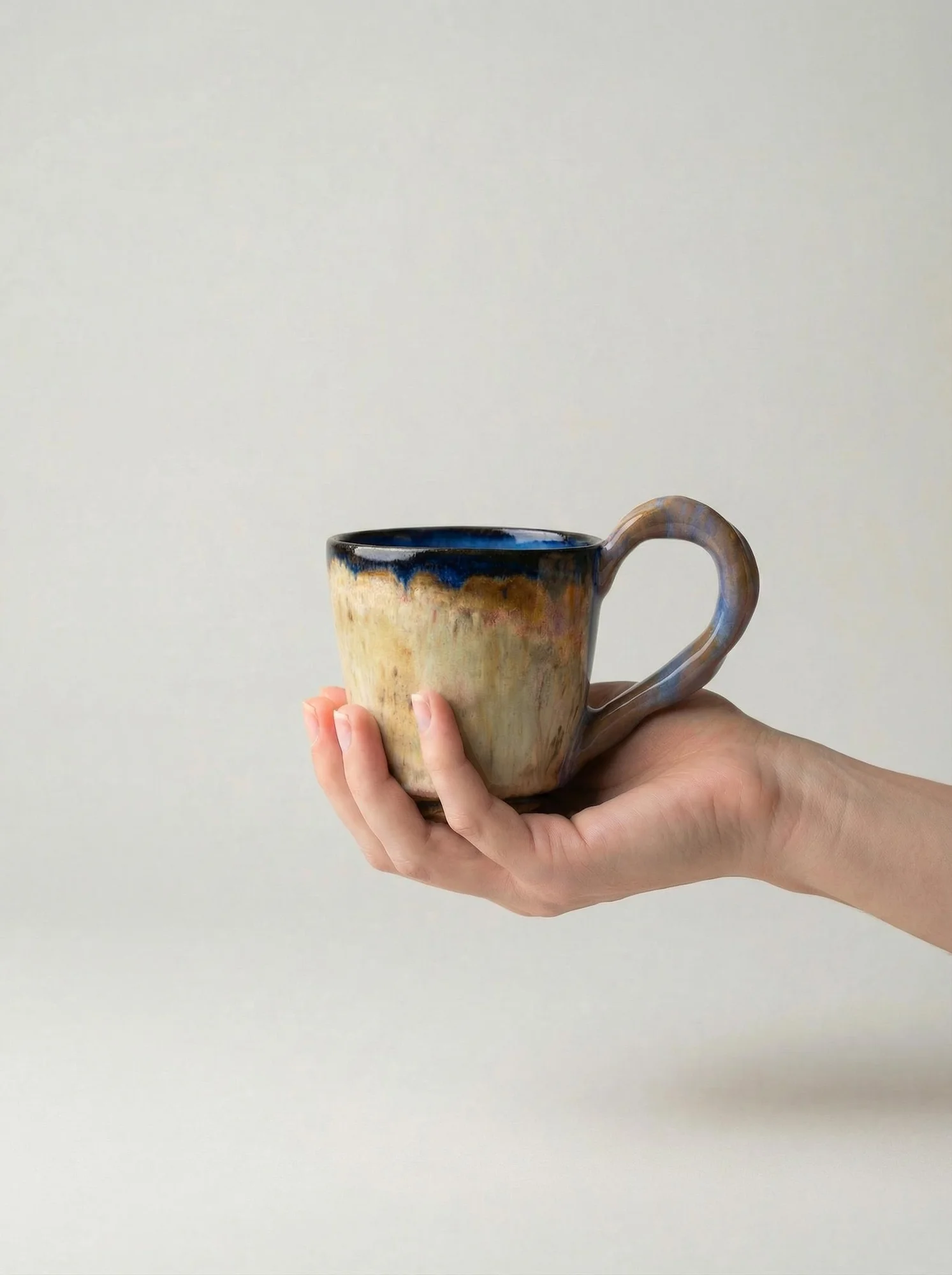 Blue Rim Earth Tone Drip Mug - top view