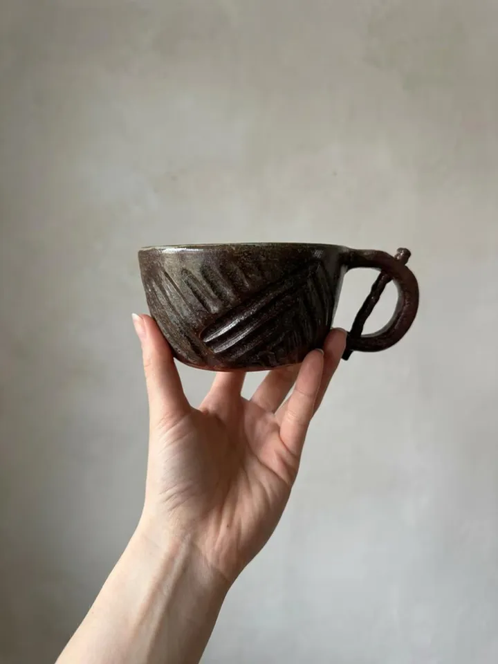 Dark Brown Carved Mug - top view