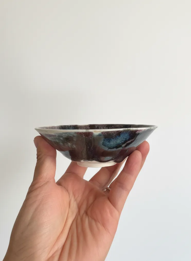 Iridescent plum small ceramic dish - handheld
