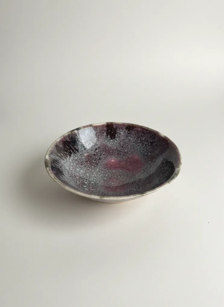Iridescent plum small ceramic dish - front view