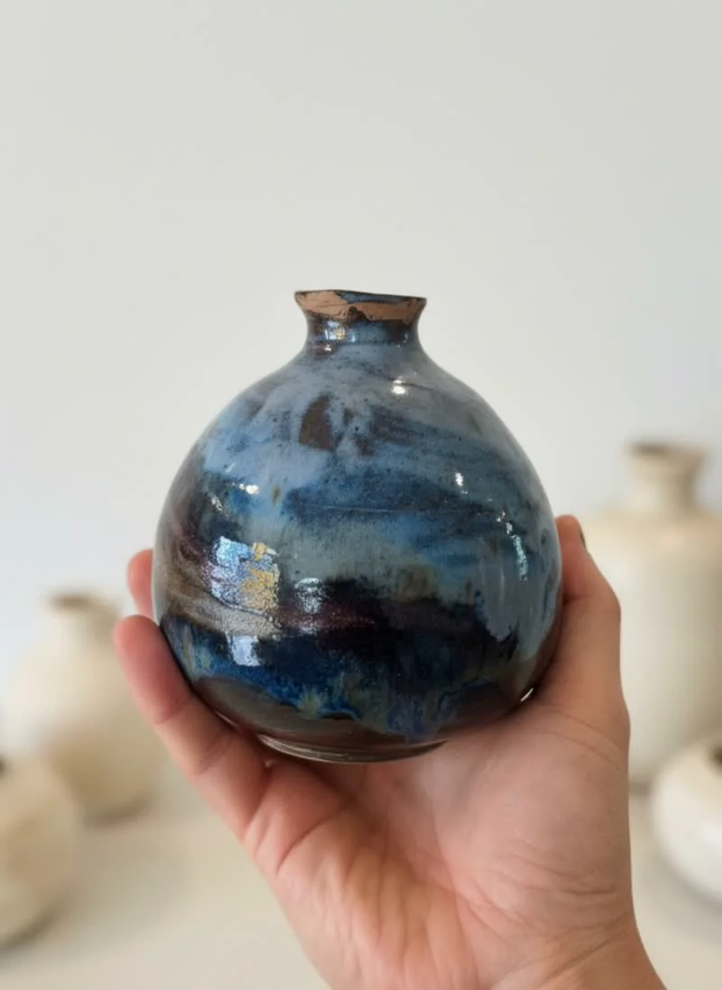 Blue ball-shaped ceramic vase