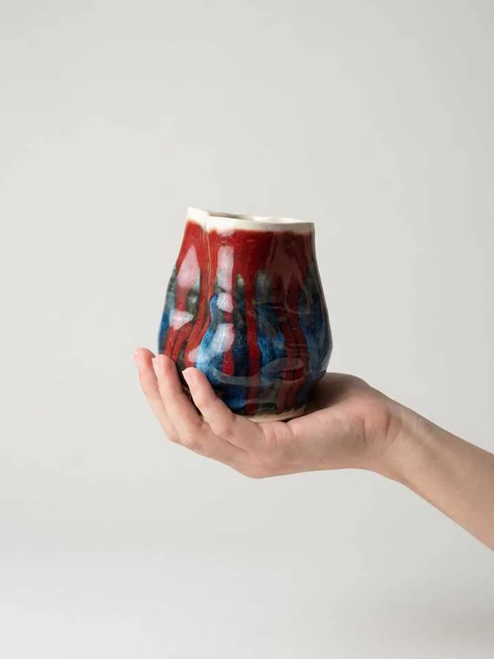 Bold Red Blue Wavy Vase - detail view